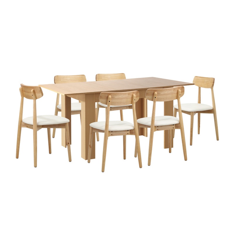 Oikiture 160cm Extendable Dining Table with 6x Dining Chairs PU Leather Natural