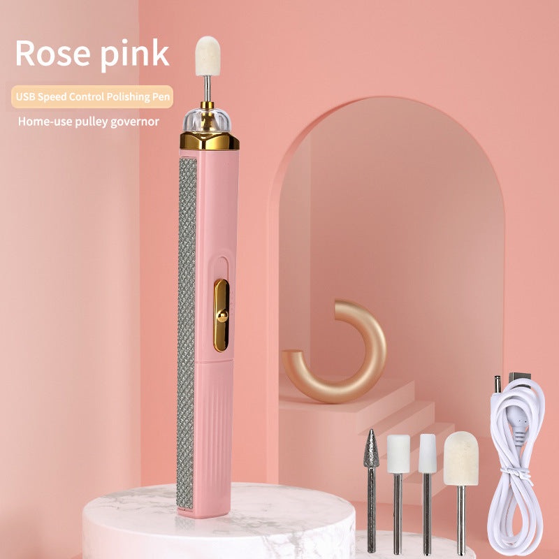Pink Mini Electric Nail Polisher with USB Charging and 5 Grinding Heads