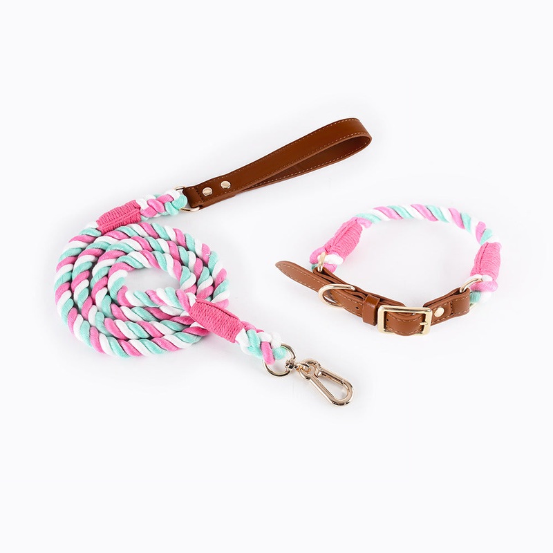 Premium Leather Pet Collar and Leash – Soft, Strong Braided Rope (Pink green – Size M)