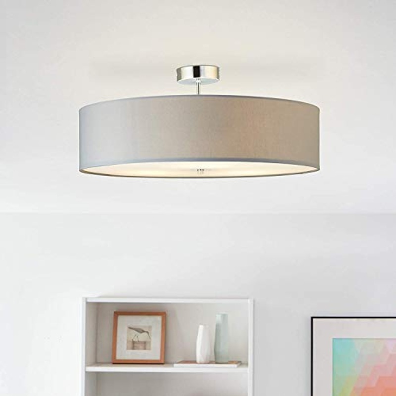 Plafoniera da 60 cm, 3 x E27, massimo 60 W, metallo/tessuto, cromato/grigio chiaro