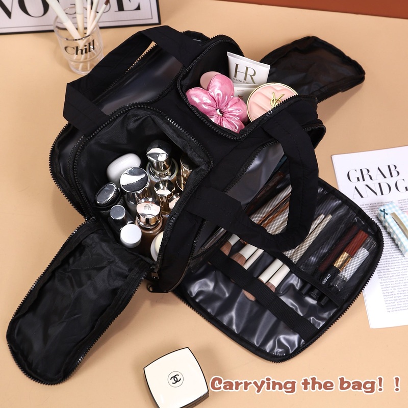 Portable Multi-Compartment Travel Toiletry & Makeup Organizer Bag with Brush Holders(Black)