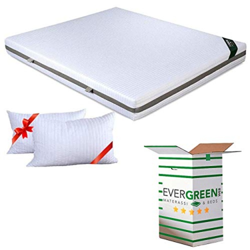 EVERGREENWEB – Materasso Matrimoniale 160×190 Alto 20 cm con COPPIA CUSCINI Memory Foam INCLUSI Lastra in Poliuretano Ortopedico Rivestimento SFODERABILE Lavabile Effetto MASSAGGIANTE per Reti e Letti