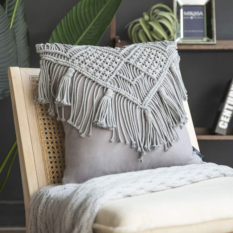 Grey Boho Chic Macrame Cushion Cover – Handmade Woven Cotton Linen Pillow Case with Tassels – Decorative Throw Pillow Sham 45x45cm (Cover Only)