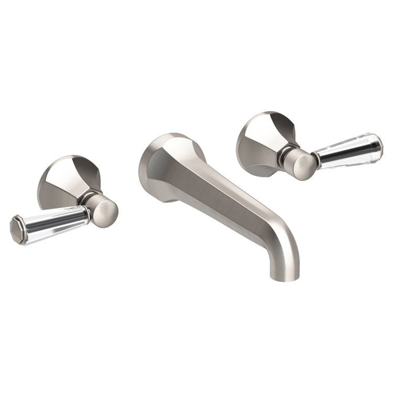 Lavatory Faucet Metropole Wall Mount 8 Inch Spread 2 Lever ADA WaterSense Satin Nickel PVD 1.2 Gallons Per Minute Brass/Crystal Less Drain Spout Reach 7-1/2 Inch