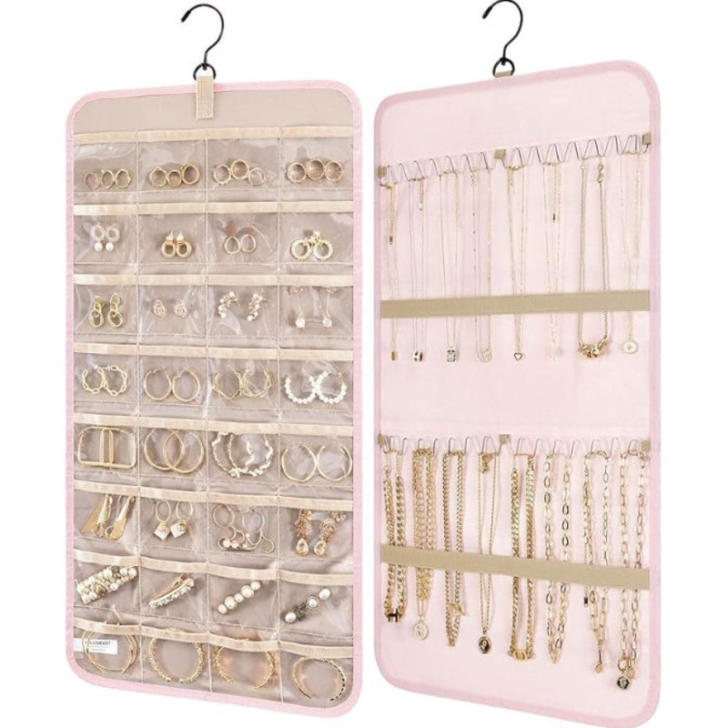 Pink Hanging Jewelry Organizer – Closet Storage for Necklaces, Earrings, and Rings with Clear Pockets(14*33inch)