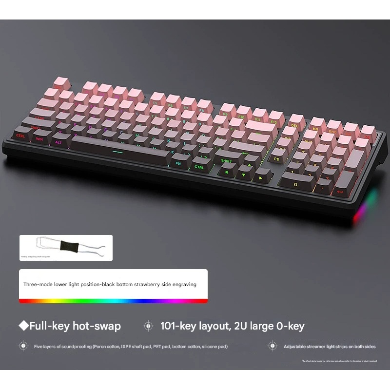 Tri-Mode RGB Mechanical Gaming Keyboard – 102-Key, Hot-Swappable, 4000mAh Battery, 5-Layer Sound Dampening(Strawberry on black)