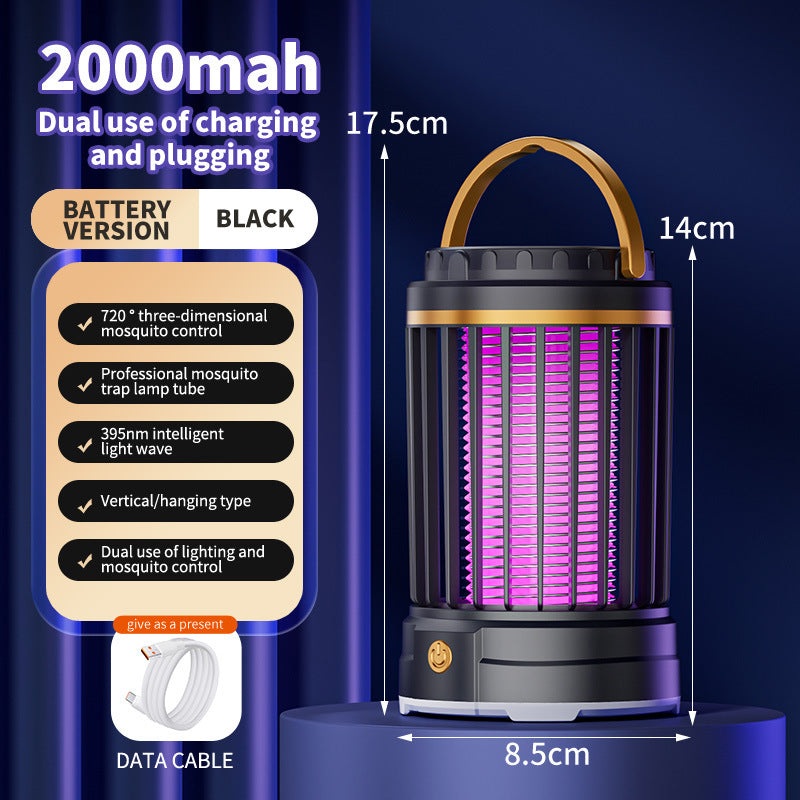 USB Rechargeable Black Portable 3-in-1 Electric Mosquito Zapper Lamp – UV Bug Killer, Warm Night Light & Bright Lantern