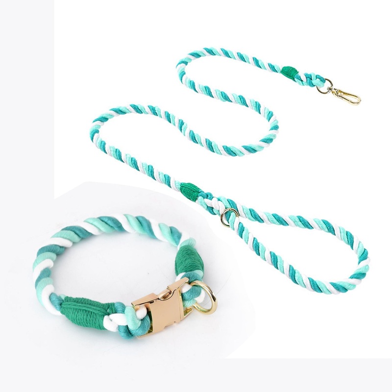 Handmade Gradient Rope Dog Collar & Leash Set – Colorful Braided Cotton (Light green – Size S)