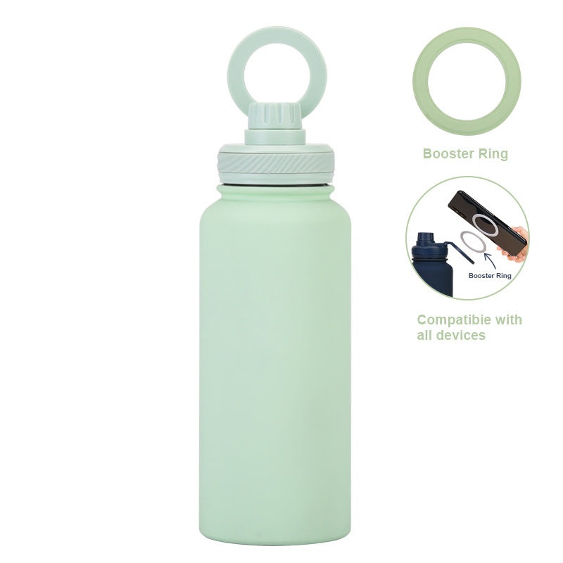 Light Green 1L Stainless Steel Water Bottle with Magnetic Phone Holder Lid – Portable Hydration & Hands-Free Stand