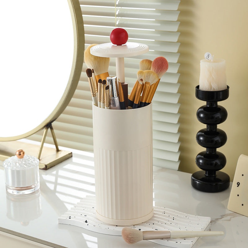 Beige Automatic Lifting Makeup Brush Holder – Dustproof Desktop Organizer with Lid & Compartments