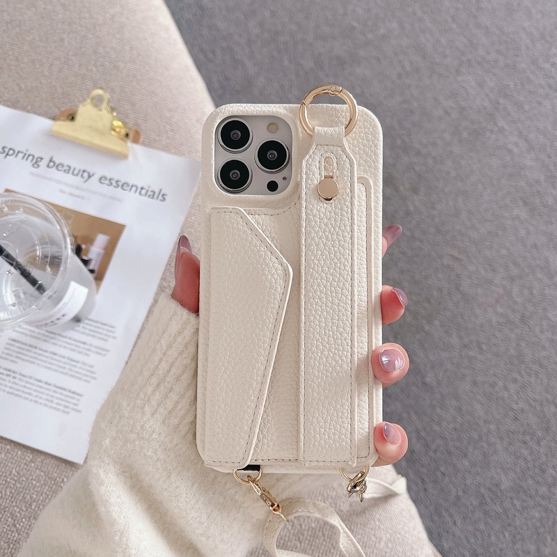 Beige Chic PU Leather Crossbody Wallet Case for iPhone 16 Pro Max – Card Holder with Detachable Strap & Finger Ring Grip