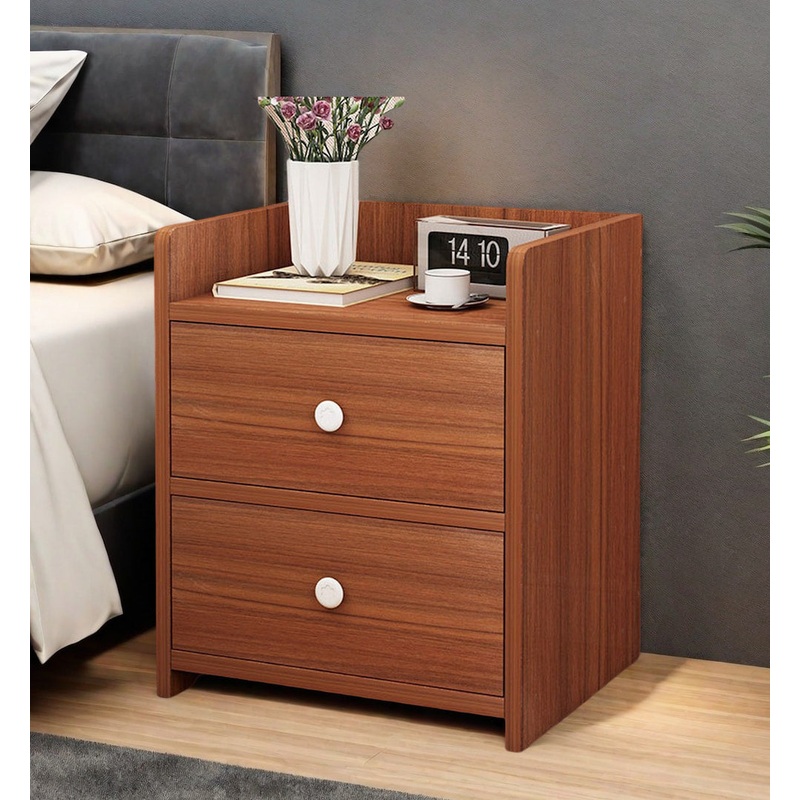 Classic Nightstand Walnut Wood Grain Double Drawer Tray Top White Handles