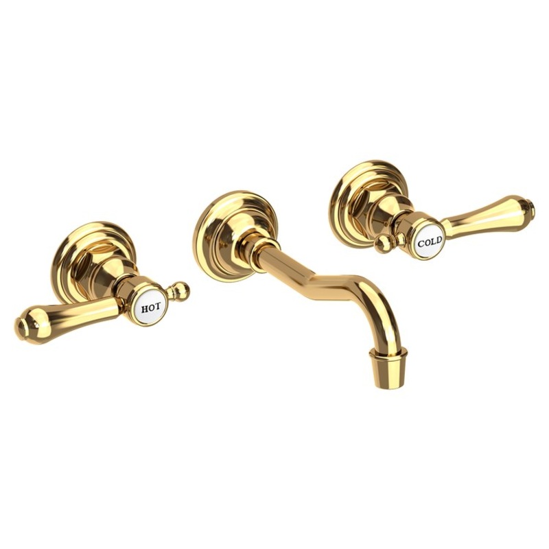 Lavatory Faucet Chesterfield Wall Mount Hot Cold Indicators 8 Inch Spread 2 Lever ADA WaterSense Polished Brass Uncoated Living 1.2 Gallons Per Minute Brass Less Drain Spout Reach 7-1/4 Inch