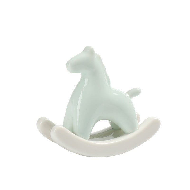 Light Green Modern Ceramic Rocking Horse Ornament – Cute Porcelain Figurine for Desk & Shelf Decor