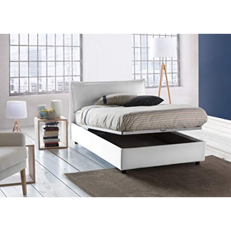 Talamo Italia Letto contenitore Una piazza e mezza Veronica, Made in Italy, Testata e rivestimento in tessuto, Apertura frontale, adatto per materasso cm 120×190, Bianco