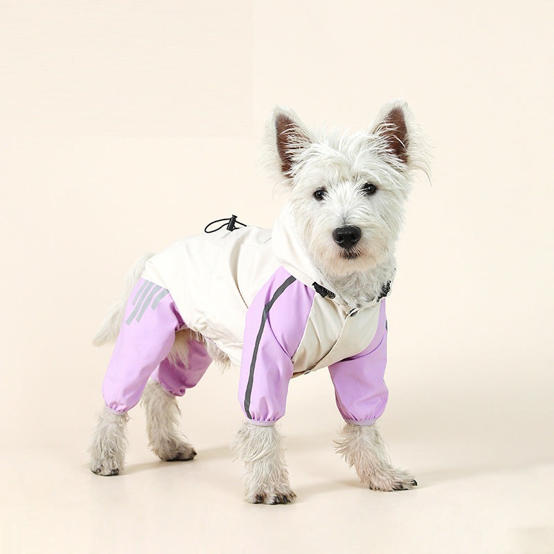 Colorblock (White Purple) Dog Raincoat – Waterproof with Hood and Reflective Strips (Size XL)