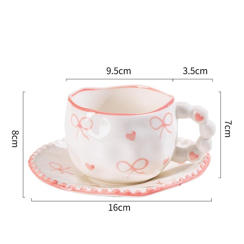 Hand-Painted Ceramic Coffee Mug and Saucer Set – Whimsical Afternoon Tea Cup with Spoon(Pink-edged bow)