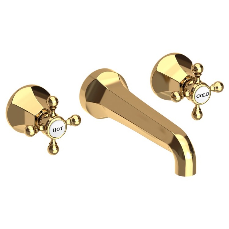 Lavatory Faucet Metropole Wall Mount 8 Inch Spread 2 Cross ADA WaterSense Polished Brass Uncoated Living 1.2 Gallons Per Minute Brass Less Drain Spout Reach 7-1/2 Inch