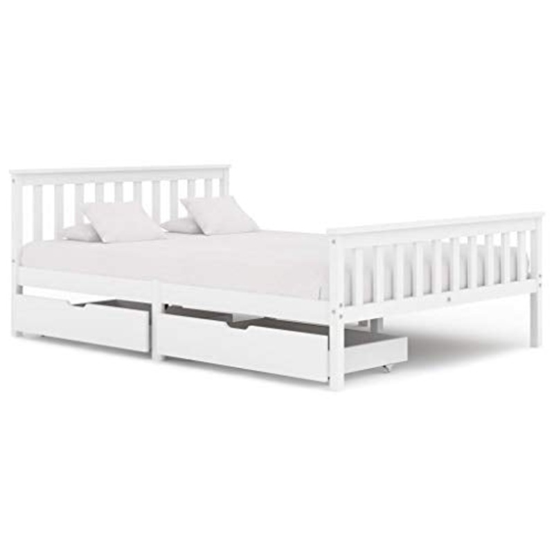 BIGTO – Struttura letto con 2 cassetti in legno di pino massello, mobili per camera da letto, 140 x 200 x 82 cm, colore: Bianco