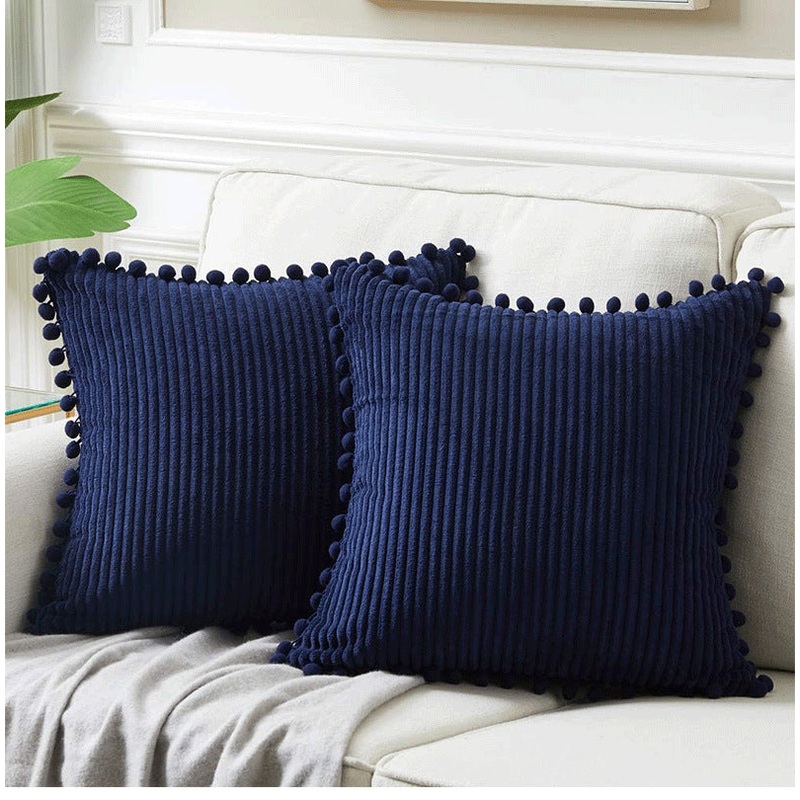 Navy Blue Soft Corduroy Cushion Covers with Pom Pom Trim – Set of 2 Decorative Throw Pillow Cases for Sofa Couch Bed, 45x45cm