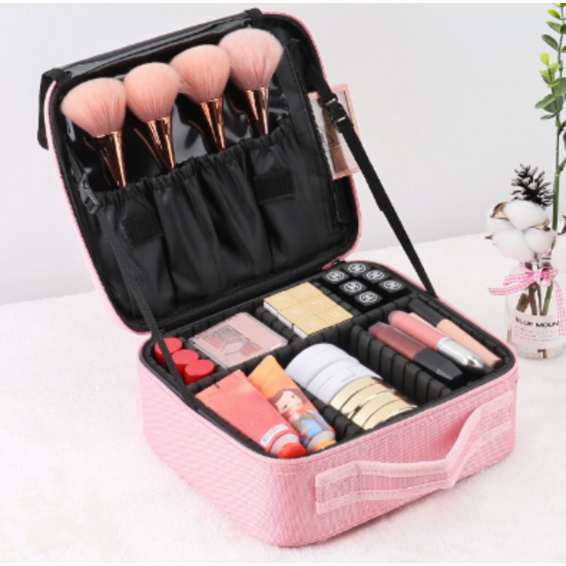Pink Oxford Fabric Makeup Case with Mirror and Partitions – All-in-One Tool Box