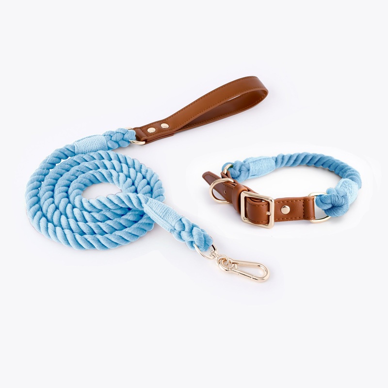 Premium Leather Pet Collar and Leash – Soft, Strong Braided Rope (Sky blue – Size S)