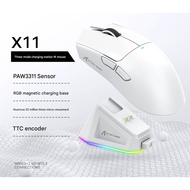 High-Performance Tri-Mode Wireless Gaming Mouse – 22000 DPI, Rechargeable, with RGB Charging Dock(white)