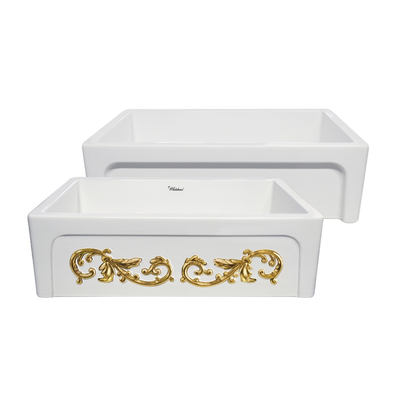 St. Ives Ornamental 33″ Reversible Fireclay Kitchen Sink with  Intricate Embossed Vine Design Front Apron on one side and an Elegant Beveled Front Apron on the Opposite Side