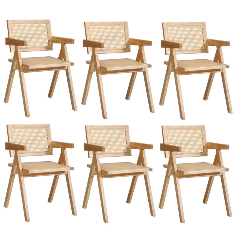 6x Wooden Dining Chairs Rattan Natural