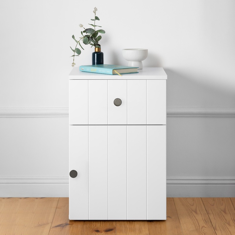 PORTO BEDSIDE TABLE – WHITE – VJ PANEL – ROUND BLACK