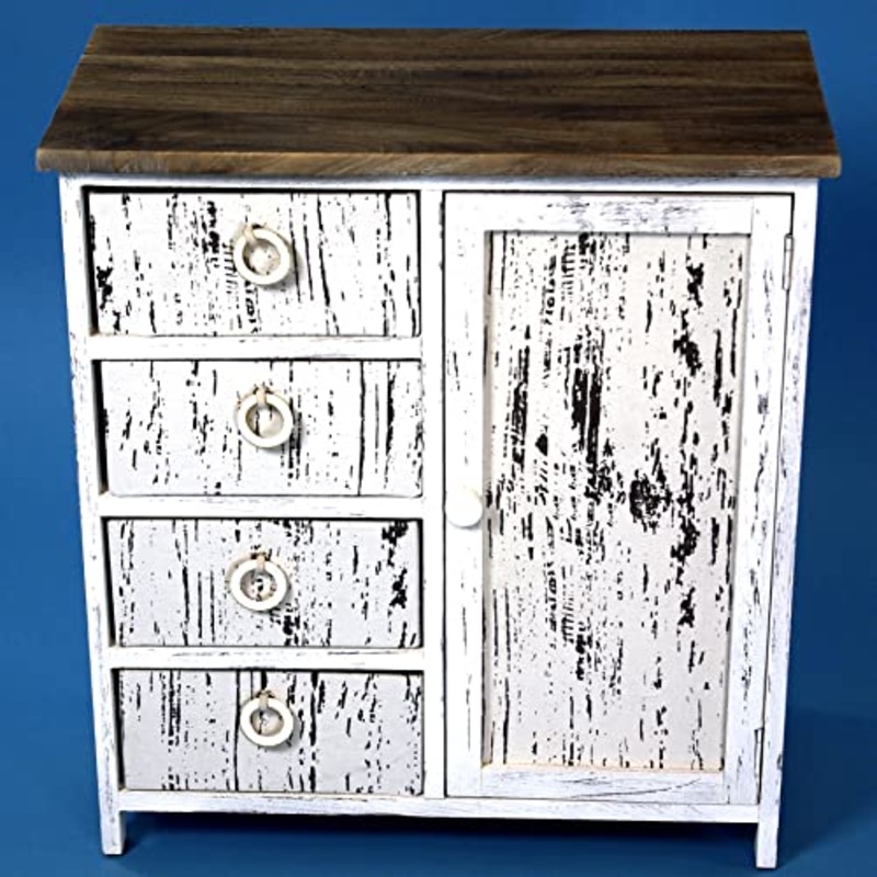 GeKi Trend Chabby Chic – Cassettiera in legno con 4 cassetti, 1 anta, stile rustico, stile vintage, colore bianco anticato, per bagno, decorazione per la camera da letto, 59 x 64 cm