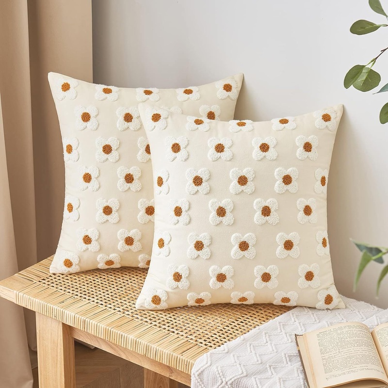Beige and Khaki Charming 3D Daisy Embroidered Canvas Cushion Covers – Set of 2, 45x45cm Soft Textured Decorative Pillowcases