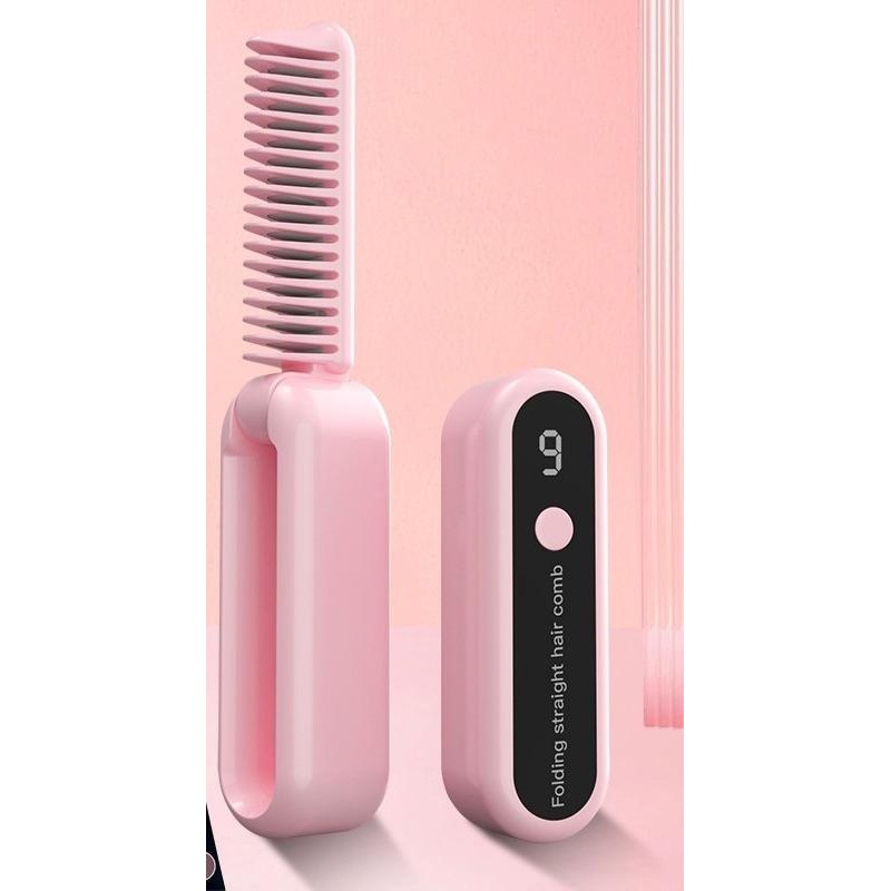 Foldable Wireless Hair Straightener Comb – 9 Temperature Settings, Anti-Scald, USB-C Rechargeable(pink)