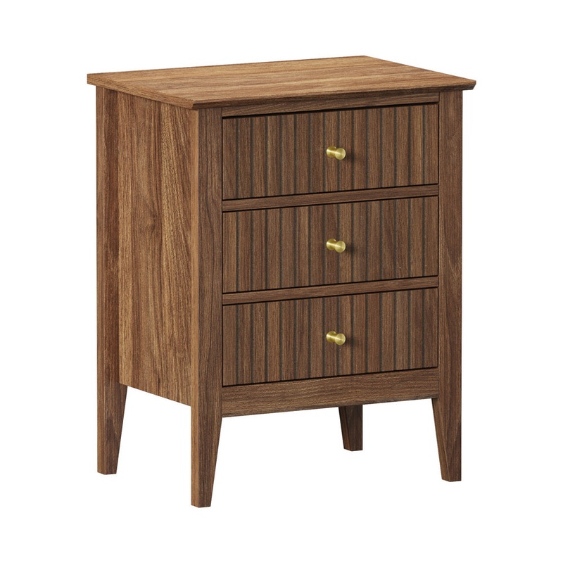 Oikiture Bedside Table 3 Drawers Side End Nightstand Walnut
