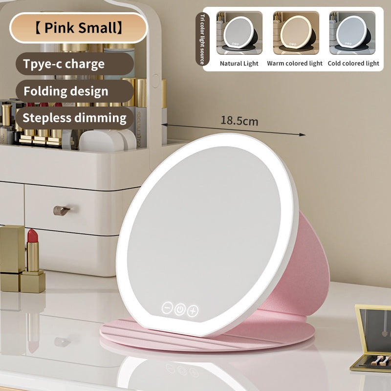 Pink Small Round Foldable LED Makeup Mirror – 18.5cm Desktop Vanity with 3 Color Lights & Stepless Dimming