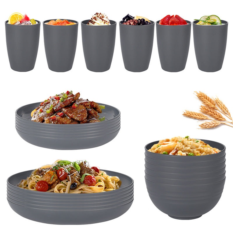 Stylish Dark Grey Wheat Straw Dinnerware Set – 24 Pieces Including Plates, Bowls & Cups