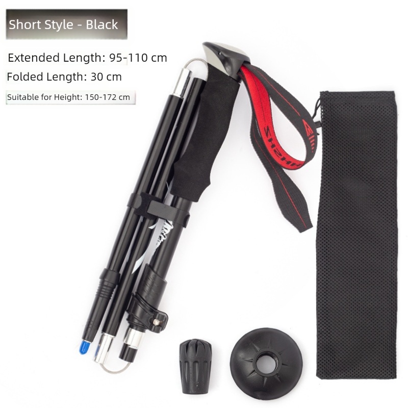 Short Black Ultralight Foldable Hiking Pole – Adjustable Aluminium Trekking Stick with EVA Grip for Outdoor Walking & Climbing