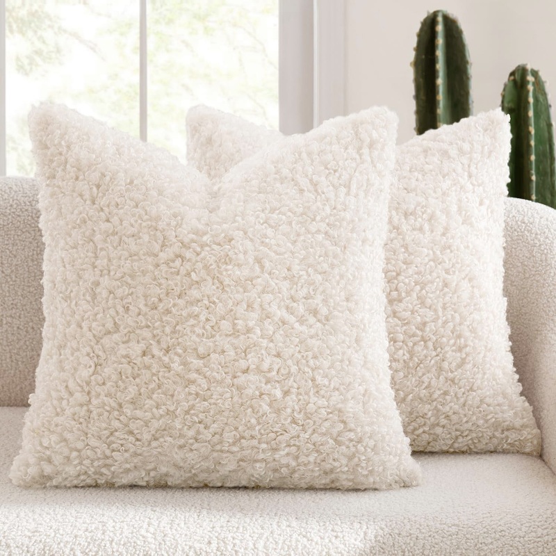 2 Pcs White Cozy Teddy Boucle Cushion Cover – Plush Decorative Square Pillow Case for Sofa & Bed