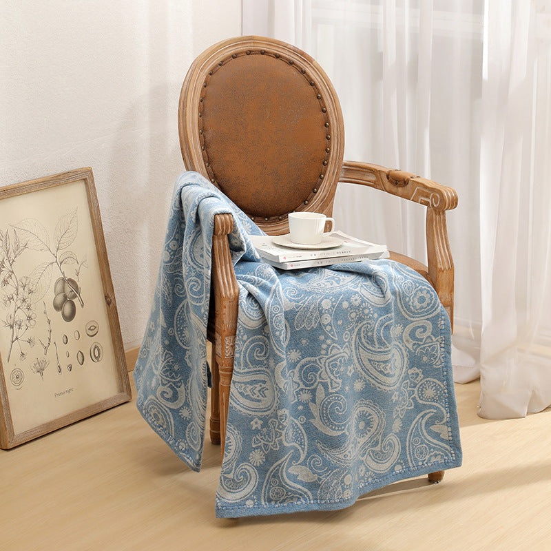Blue Luxurious Paisley Jacquard Throw Blanket – Soft Wool Blend with Tassels, 120x150cm, Lightweight Sofa & Nap Blanket