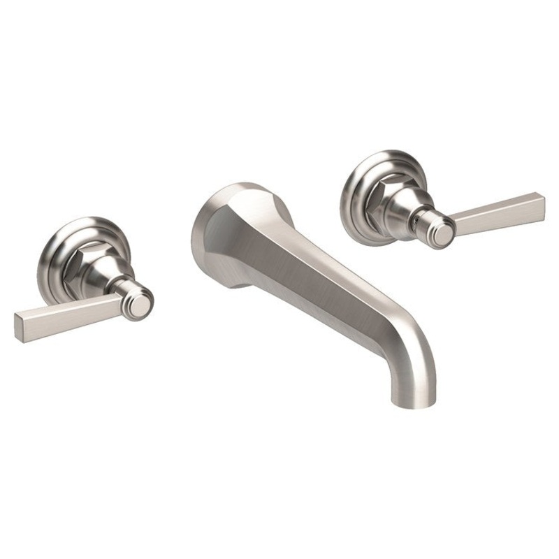 Lavatory Faucet Astor Wall Mount 8 Inch Spread 2 Lever ADA Watersense Satin Nickel PVD 1.2 Gallons Per Minute Brass Less Drain Spout Reach 7-1/2 Inch