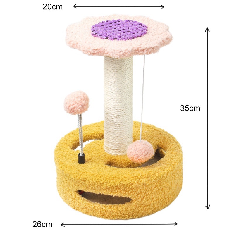 Yellow And Pink Sunflower Cat Scratching Post – 35cm Sisal Cat Tree with Plush Toys for Small Cats