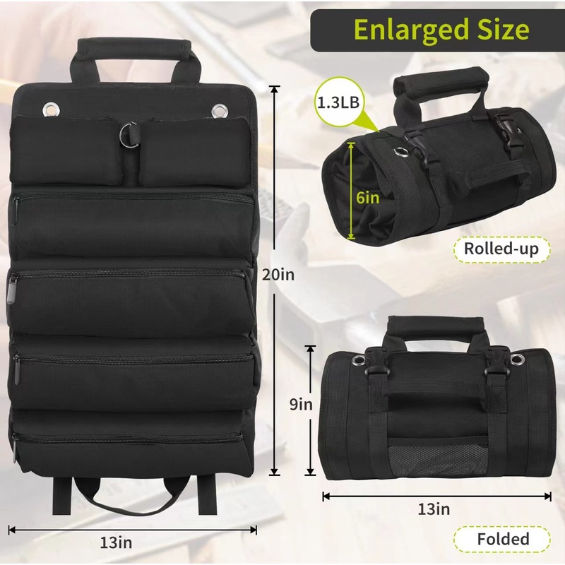 Black Heavy-Duty Tool Organizer Roll with Detachable Pouches