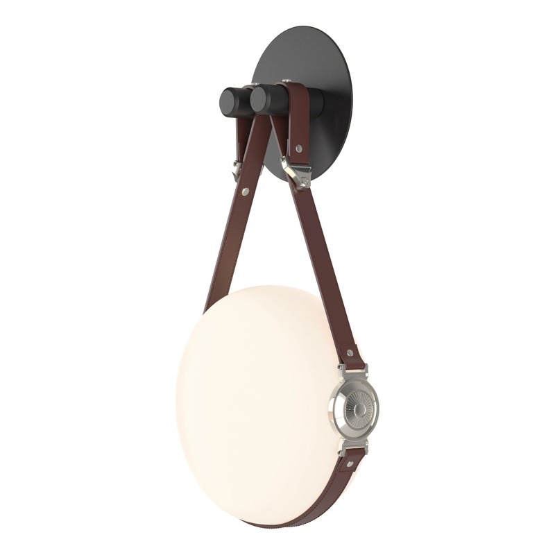 Derby LED Sconce Black Polished Nickel with British Brown Leather Non-Branded Plate