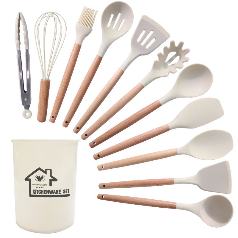 White 11-Piece Silicone Kitchen Utensil Set with Wooden Handles and Storage Bucket – Heat Resistant and Non-Stick