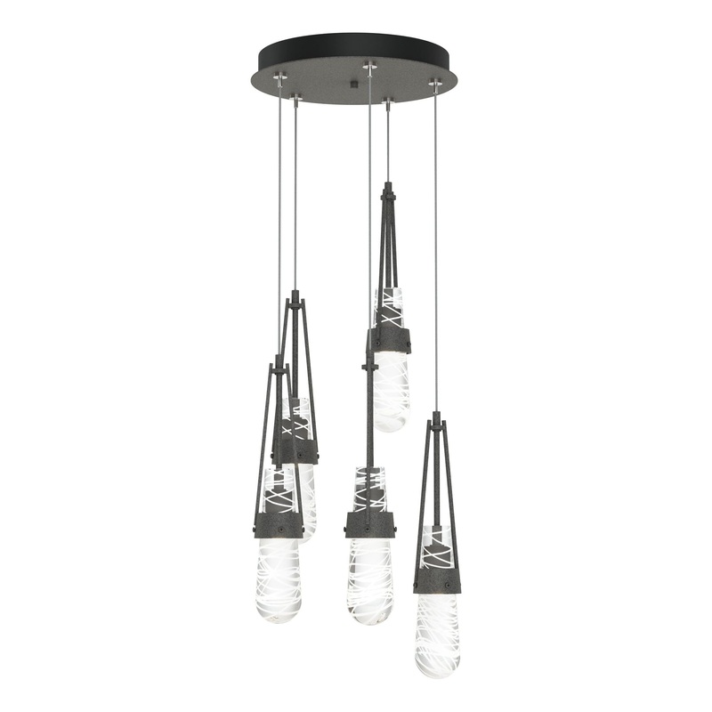 Link 5-Light Blown Glass Pendant Natural Iron Clear Glass with White Threading (YJ)