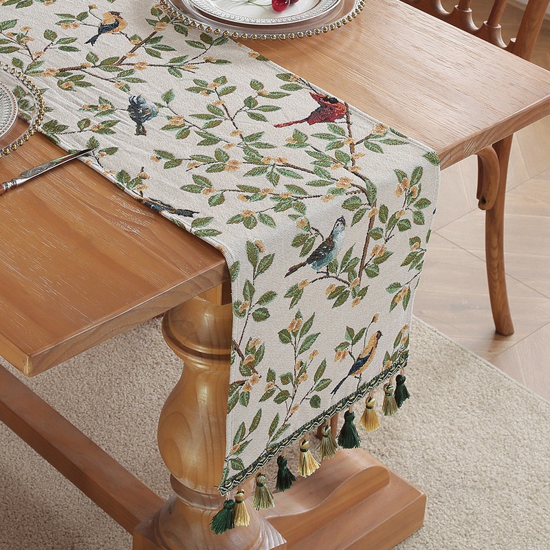 Magpie American Retro Jacquard Embroidered Table Runner – Light Luxury Table Mat 30cm x 180cm with Tassels