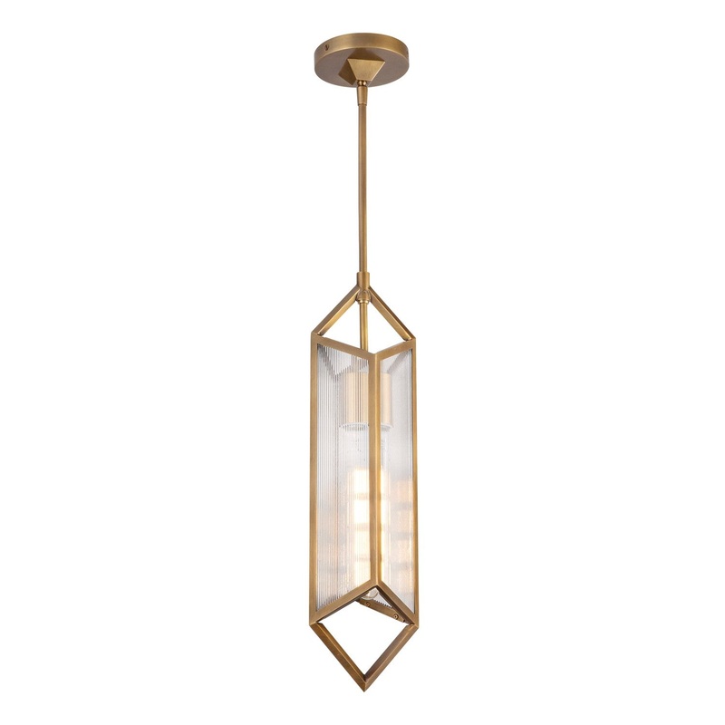 One Light Pendant from the Cairo Collection in Vintage Brass/Clear Ribbed Glass Finish by Alora