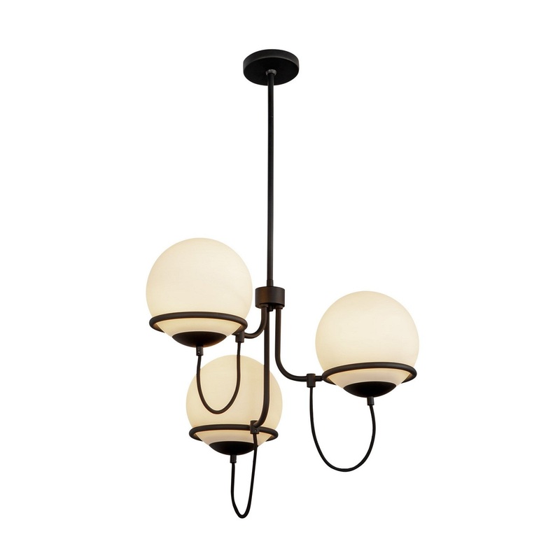 Three Light Chandelier from the Alba Collection in Matte Black/Opal Glass Finish by Alora