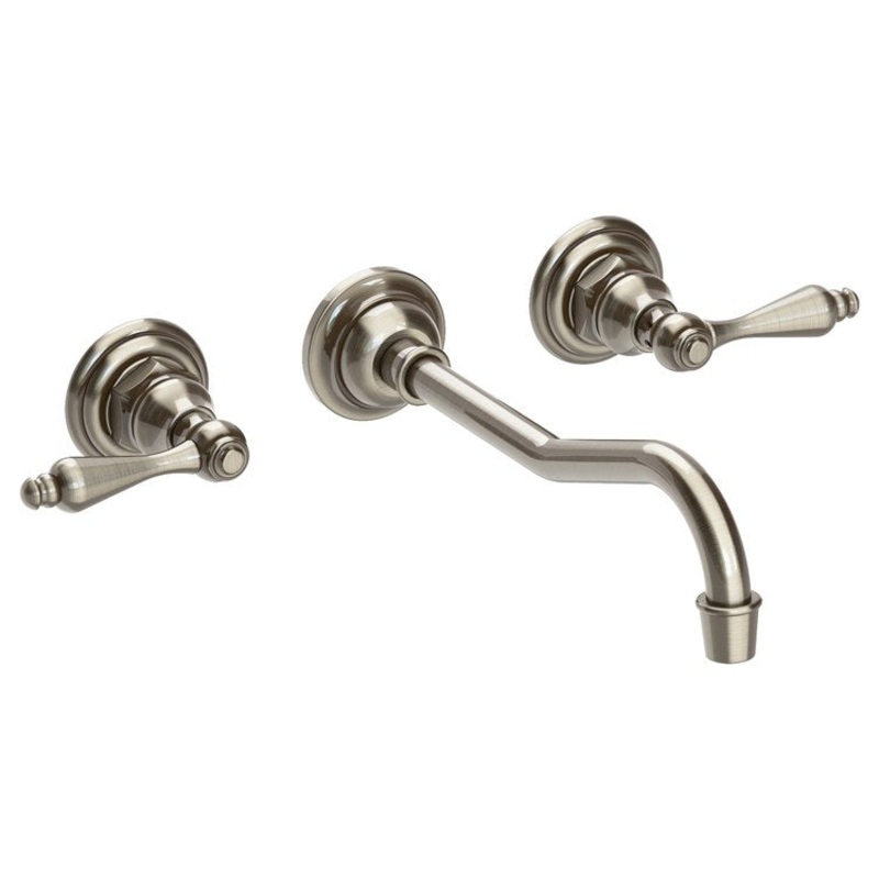 Lavatory Faucet Chesterfield Wall Mount 8 Inch Spread 2 Lever ADA WaterSense Antique Nickel 1.2 Gallons Per Minute Brass Less Drain Spout Reach 9-3/4 Inch