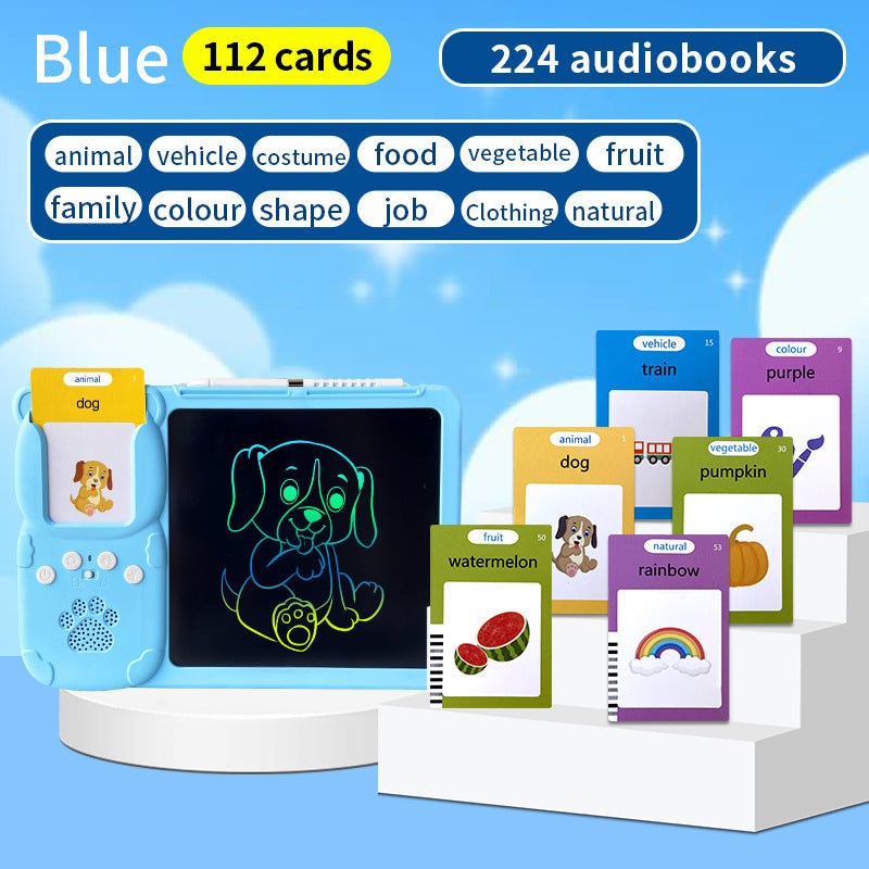 Blue (112 cards, pure English) Kids Interactive Early Education Toy: Combination Card Reader & LCD Drawing Board for Toddlers